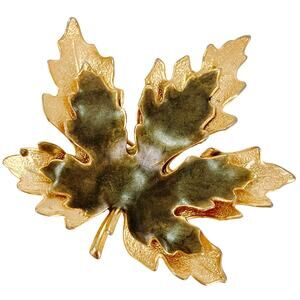 Vintage Gold Tone Maple Leaf Brooch Green Enamel Mid Century Autumn Fall Jewelry